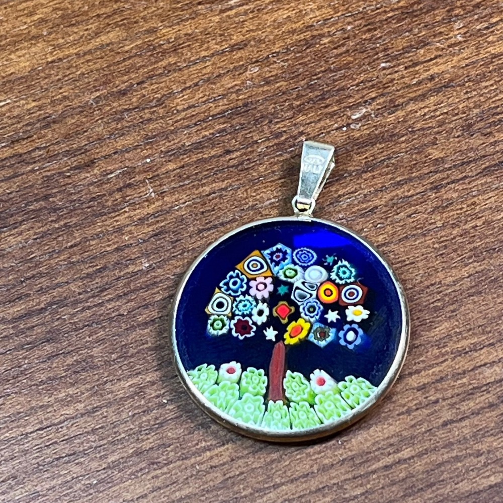 Vtg Millefiori Tree of Life Pendant 925 Sterling Silver Italy Blue Glass - Picture 2 of 6